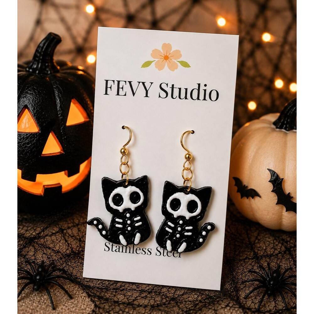 Black Cat Skeleton Earrings, Halloween Cat Jewelry, Handmade Statement Earrings